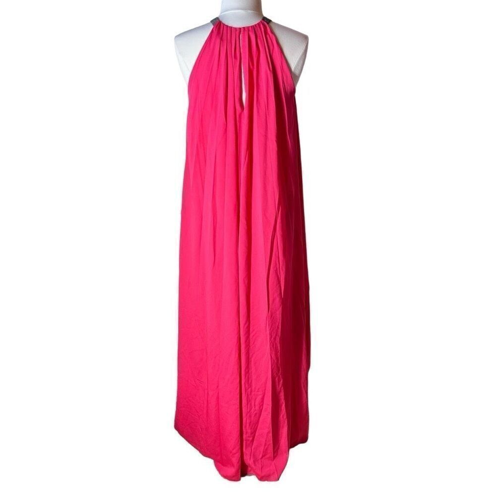 Halston Heritage Sunburst Pleat Halter Maxi Gown Chain & Hot Pink S - Picture 5 of 12